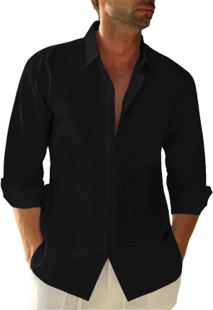 Button Down Linen Shirts for Men Casual Long Sleeve Regular Fit Cotton Beach Shirts with Pocket