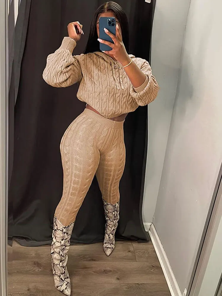 Cable Knit Drawstring Hoodie Crop Top & Long Pants