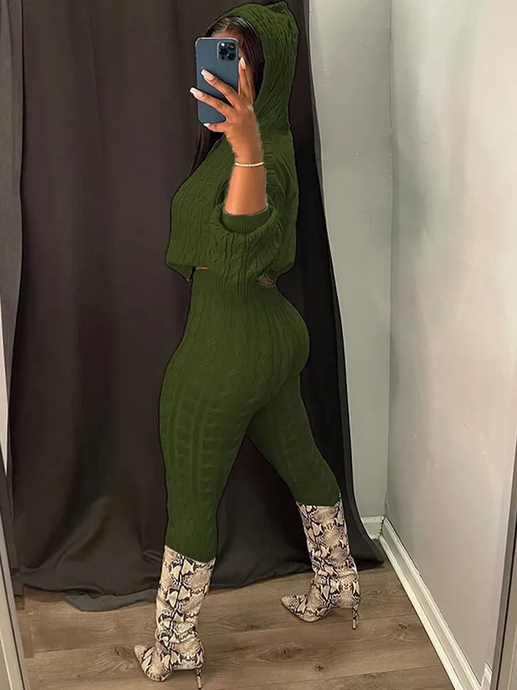 Cable Knit Drawstring Hoodie Crop Top & Long Pants