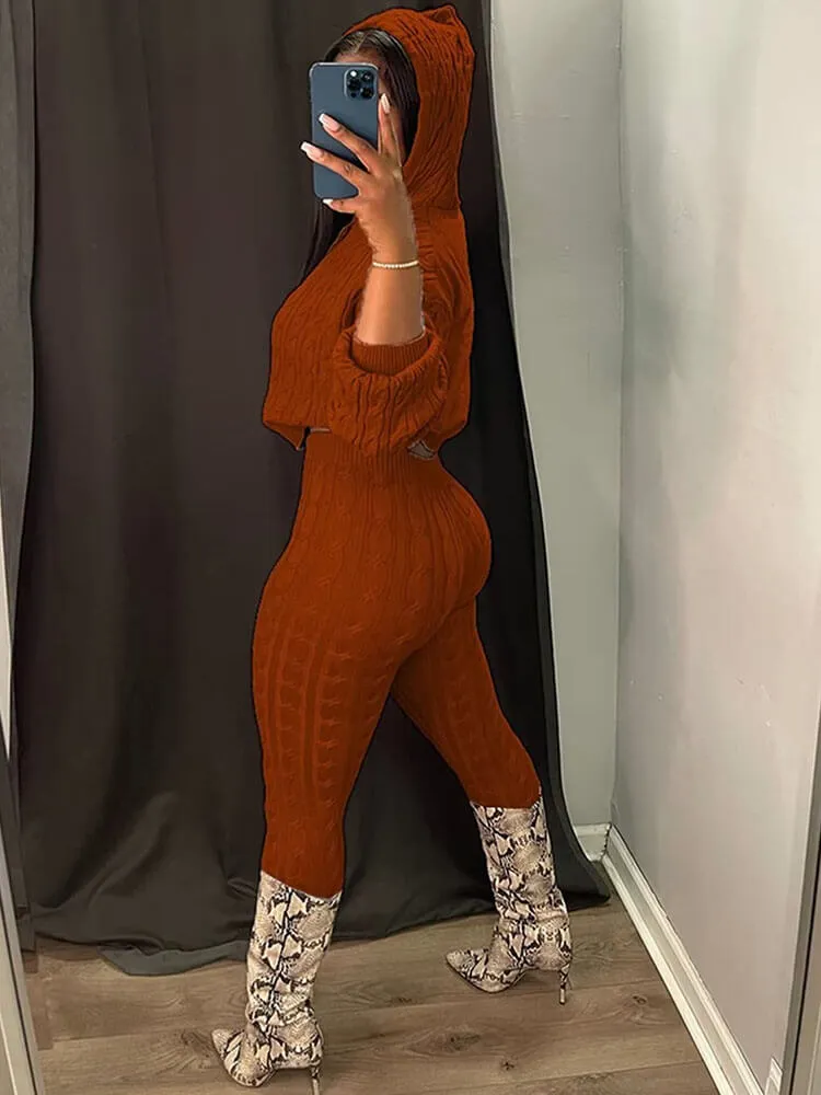 Cable Knit Drawstring Hoodie Crop Top & Long Pants