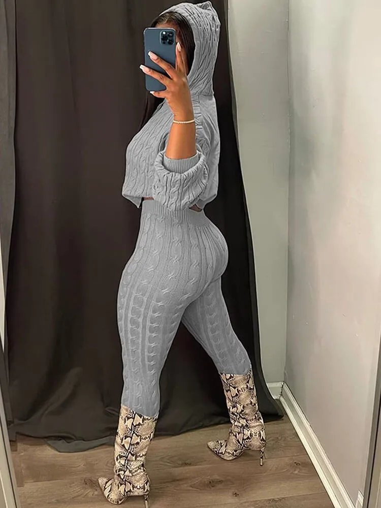 Cable Knit Drawstring Hoodie Crop Top & Long Pants