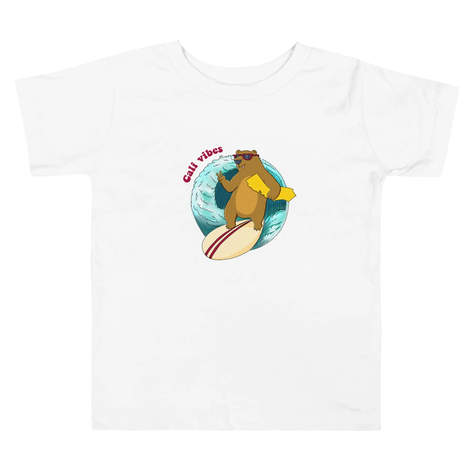 California Vibes Surfing Bear Kids Retro TShirt - Retro Natural Infant, Toddler & Youth Toddler Short Sleeve Tee
