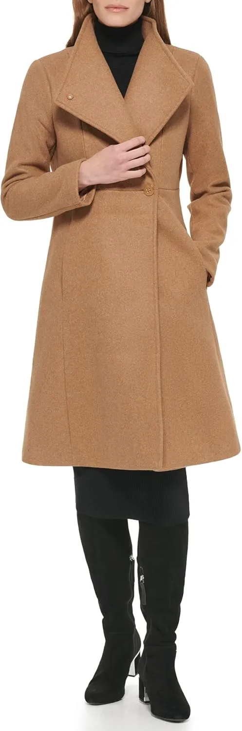 Calvin Klein Women's Ring Snap Detail Asymmetrical Closure Stand Collar Welt Pockets Coat