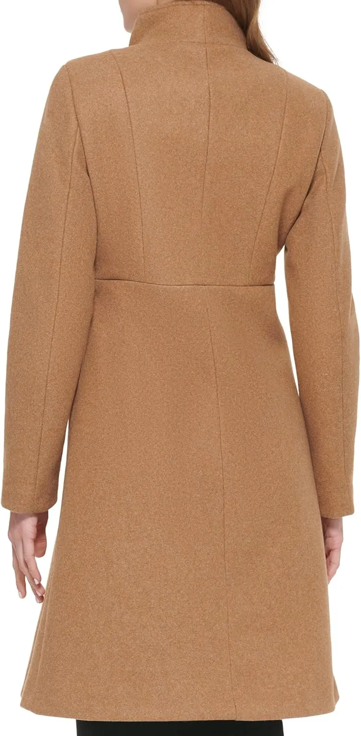 Calvin Klein Women's Ring Snap Detail Asymmetrical Closure Stand Collar Welt Pockets Coat