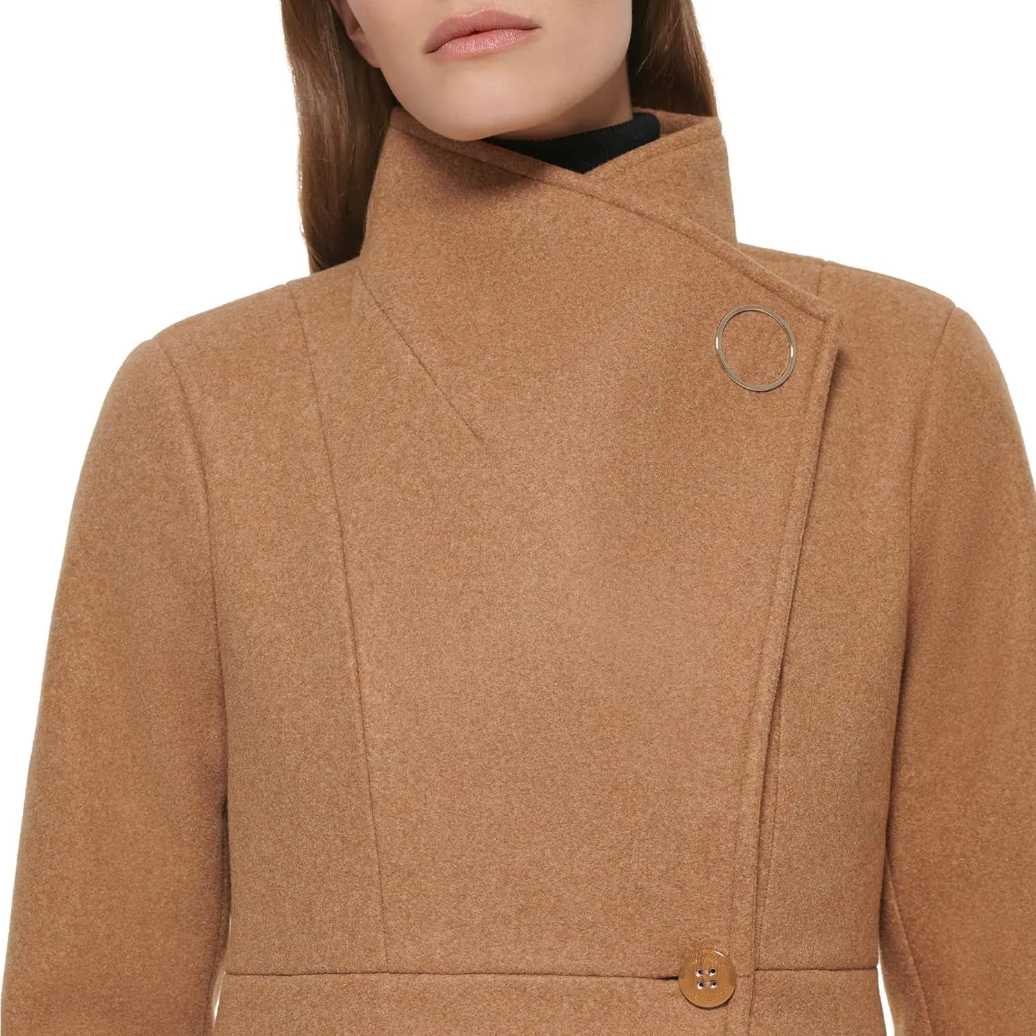 Calvin Klein Women's Ring Snap Detail Asymmetrical Closure Stand Collar Welt Pockets Coat