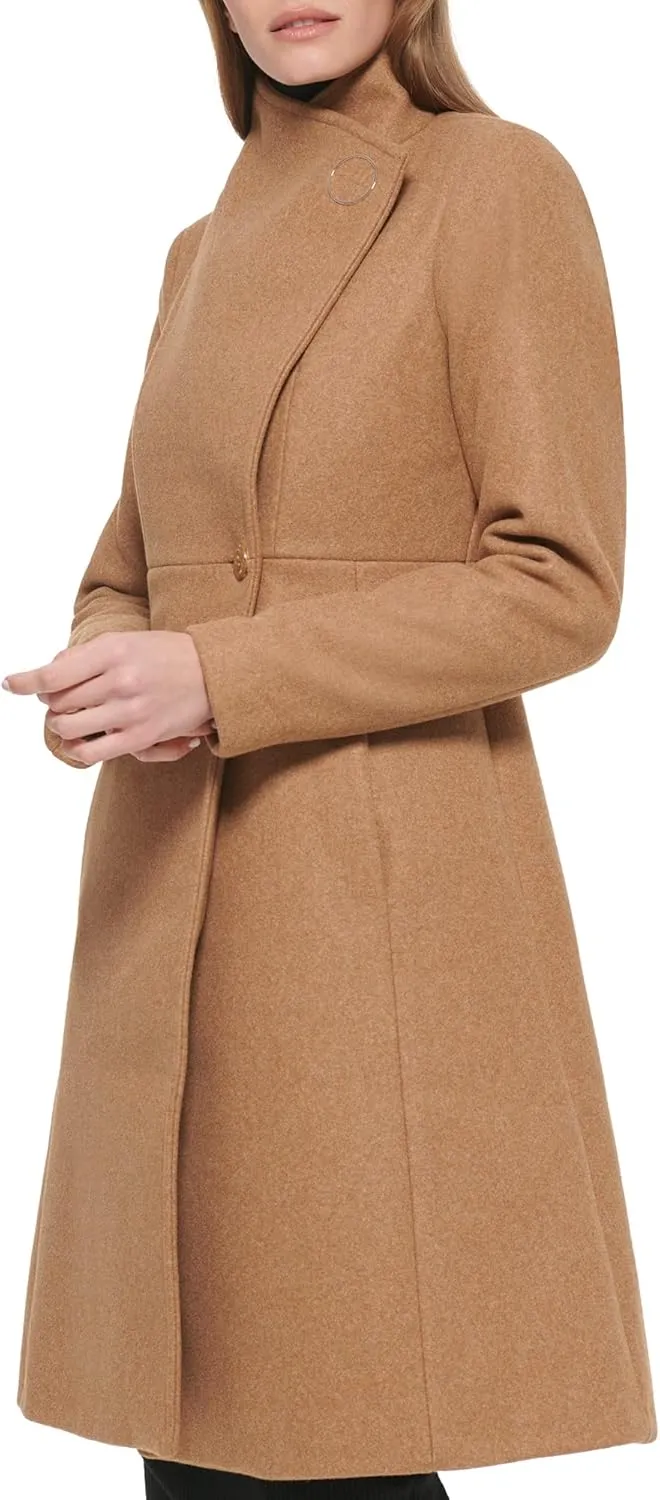 Calvin Klein Women's Ring Snap Detail Asymmetrical Closure Stand Collar Welt Pockets Coat