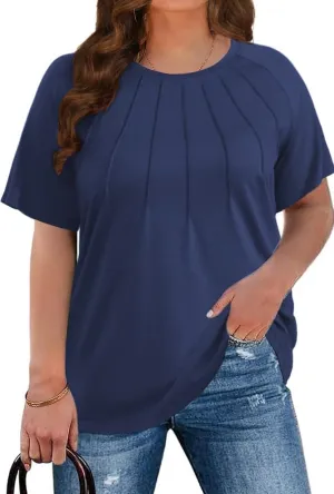 CARRROTMOB Plus Size Blouses for Women Pleated Casual Short Sleeve Round Neck Shirts Dressy Loose Summer Tops