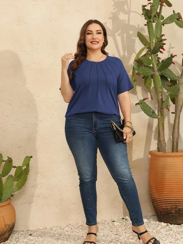 CARRROTMOB Plus Size Blouses for Women Pleated Casual Short Sleeve Round Neck Shirts Dressy Loose Summer Tops