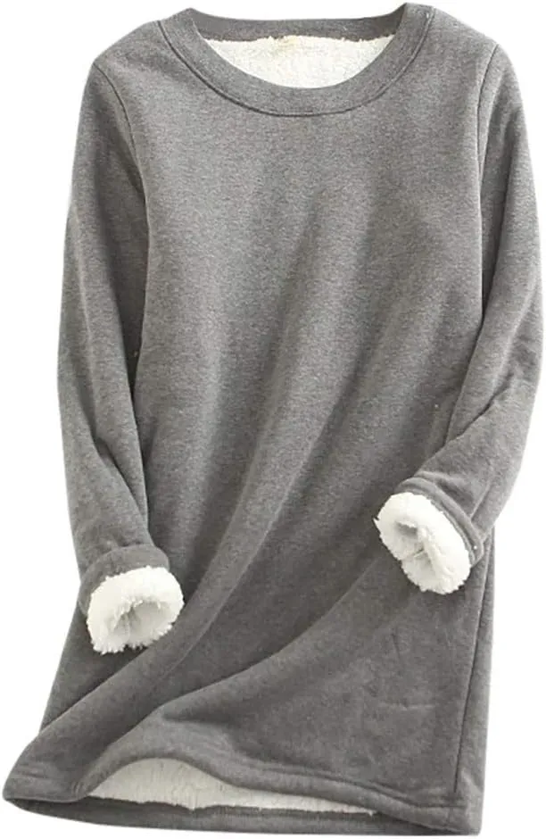 Ceboyel Womens Fleece Pullover Sweatshirt No Hood Shirts Sweater Sherpa Lined Tunic Sweatshirts Warm Winter Loungewear 2023