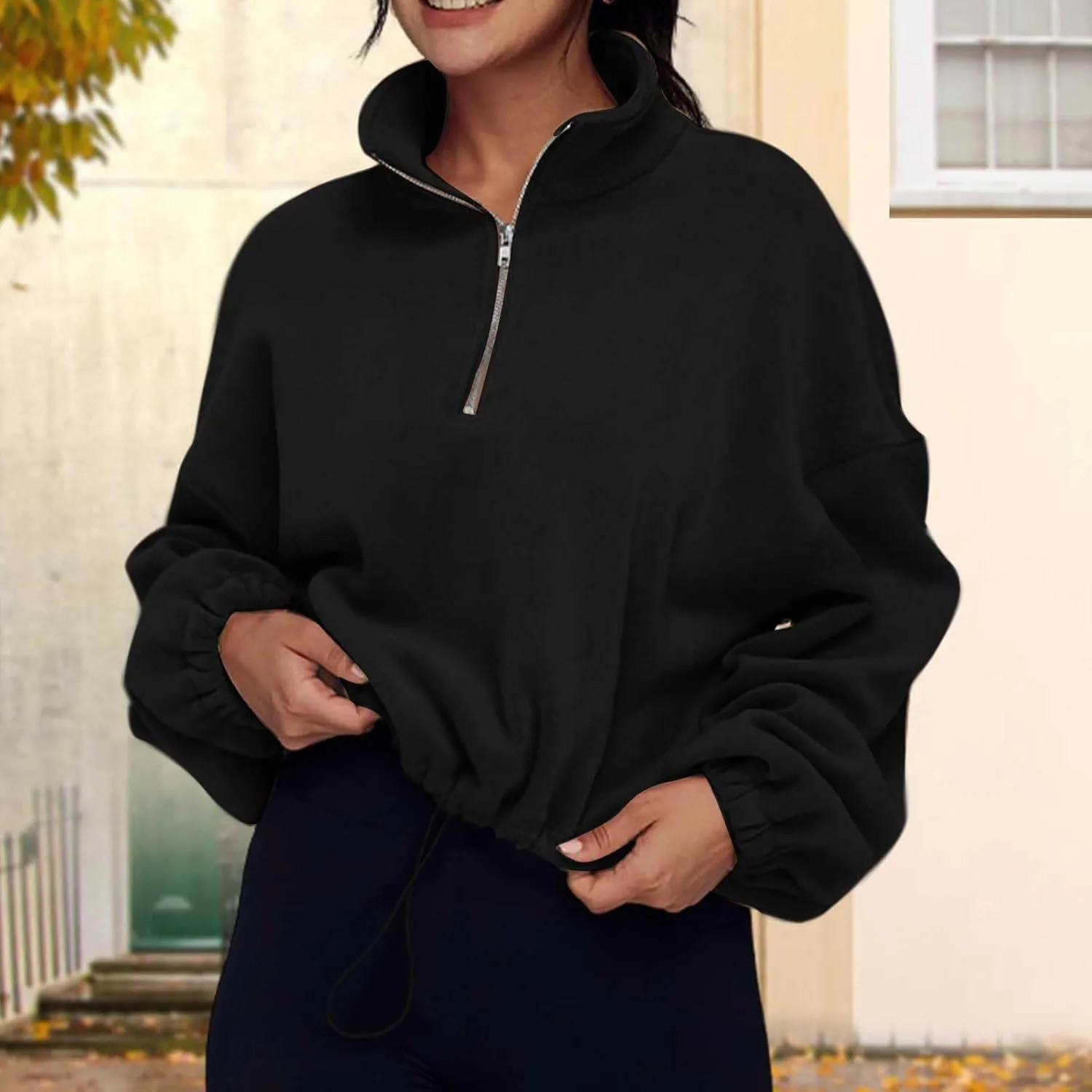 Ceboyel Womens Oversized Sweatshirt 2023 Half Zip Pullover Sweaters Drawstring Cropped Hoodie Trendy Y2K Teen Girls Clothes