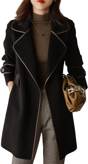 CHARTOU Women's Elegant Lapel Collar Wool Blend Midi-Long Pea Coat Jacket with Belt