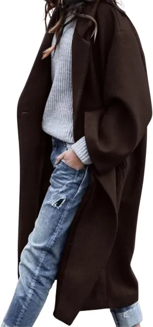 CHARTOU Women's Oversized Notched Collar Wool Blend Single Breast Midi Long Trench Coat