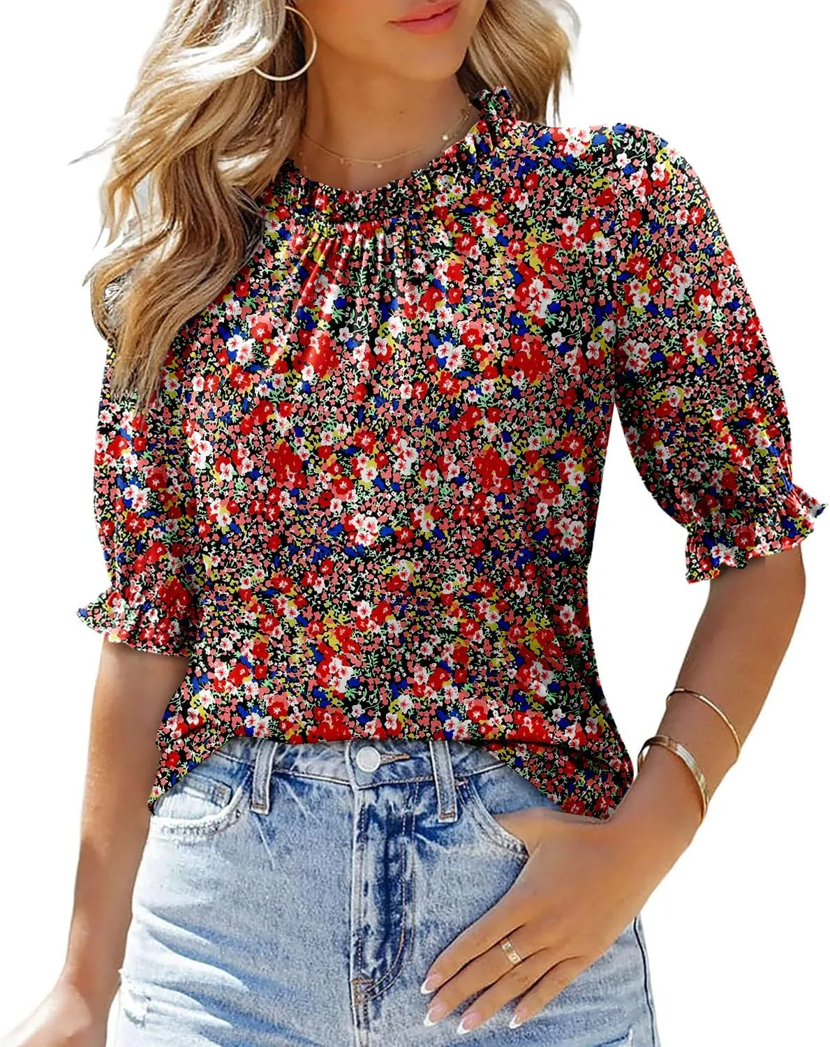 CHICZONE Women's Mock Neck Summer Tops Ruffle Short Sleeve Keyhole Back Casual Boho Blouses