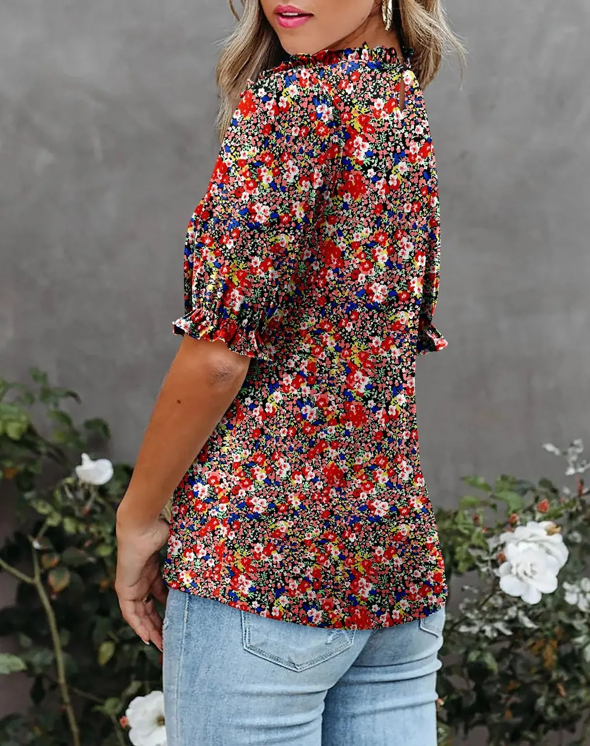 CHICZONE Women's Mock Neck Summer Tops Ruffle Short Sleeve Keyhole Back Casual Boho Blouses