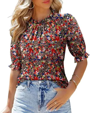 CHICZONE Women's Mock Neck Summer Tops Ruffle Short Sleeve Keyhole Back Casual Boho Blouses