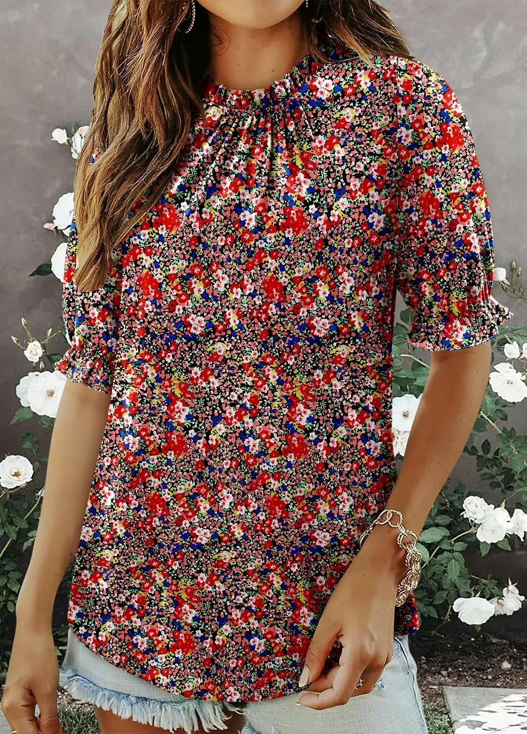 CHICZONE Women's Mock Neck Summer Tops Ruffle Short Sleeve Keyhole Back Casual Boho Blouses