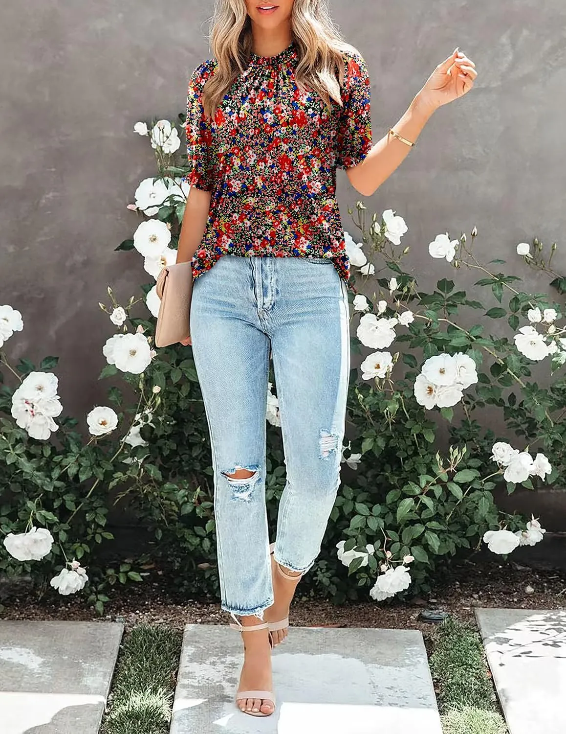 CHICZONE Women's Mock Neck Summer Tops Ruffle Short Sleeve Keyhole Back Casual Boho Blouses