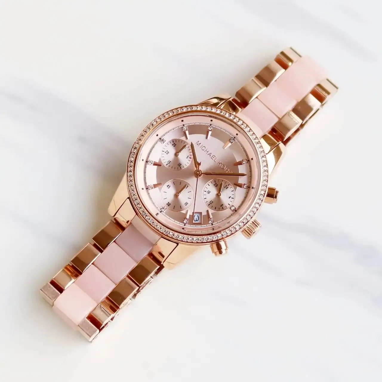 Chosmogragh Watch With Rose Gold Metal Case & Pink Dial Dated Multicolor Strap Watch For Women's Design For Girl Or Woman Best Gift Date Watch- MK-3607