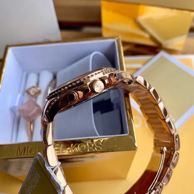 Chosmogragh Watch With Rose Gold Metal Case & Pink Dial Dated Multicolor Strap Watch For Women's Design For Girl Or Woman Best Gift Date Watch- MK-3607