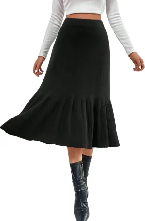 chouyatou Women's Elegant Ruffle Hem Pleated Knit Skirt High Elastic Waist A-Line Midi Long Skirt