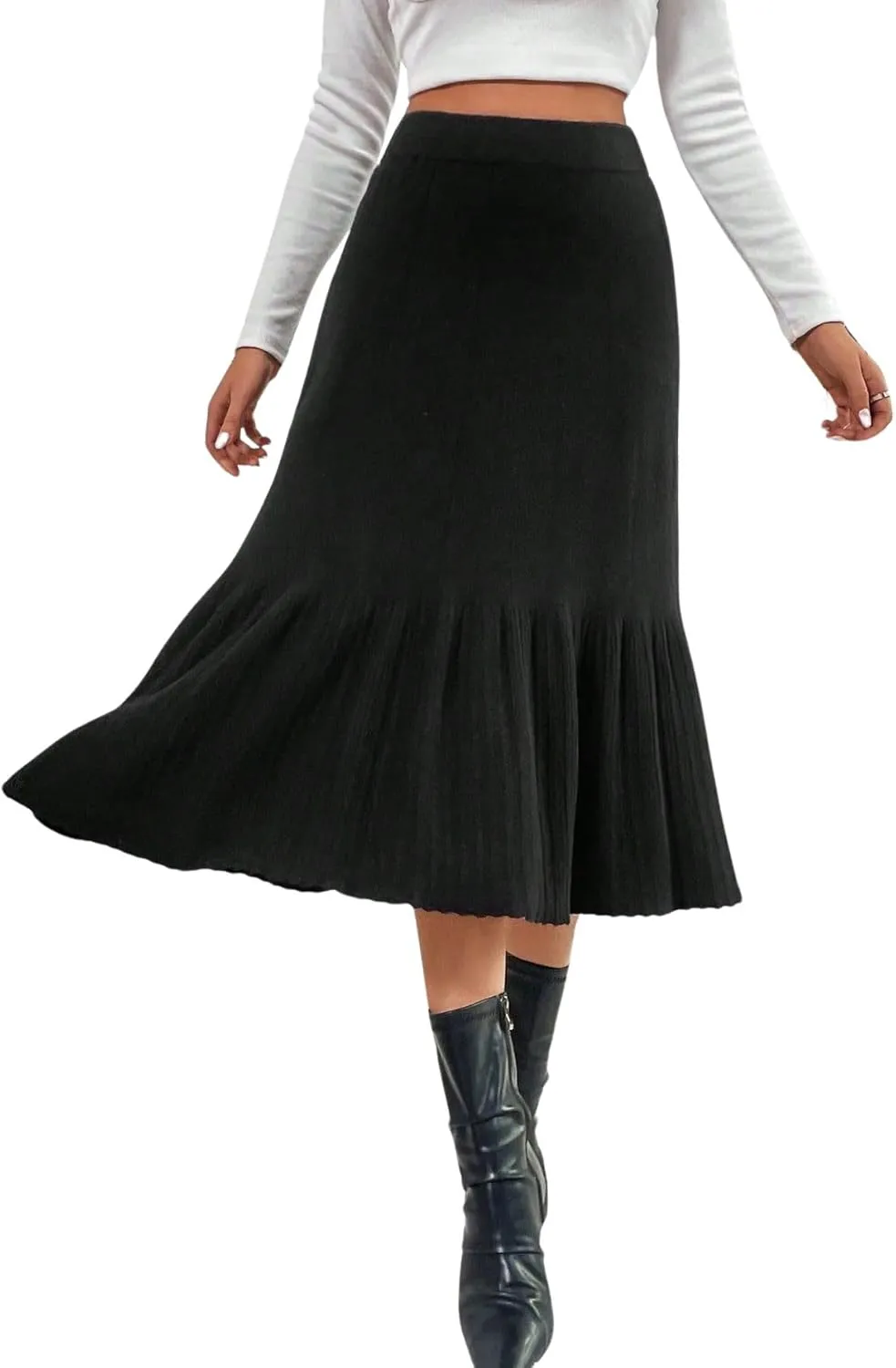 chouyatou Women's Elegant Ruffle Hem Pleated Knit Skirt High Elastic Waist A-Line Midi Long Skirt