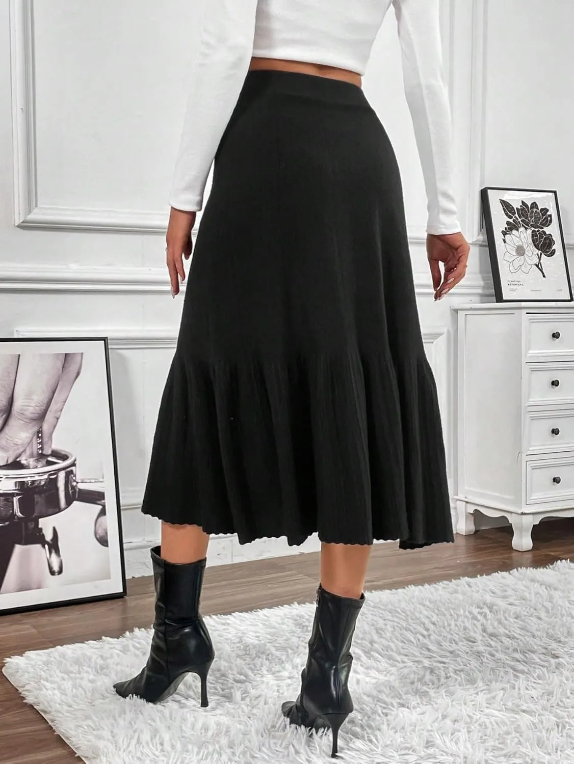 chouyatou Women's Elegant Ruffle Hem Pleated Knit Skirt High Elastic Waist A-Line Midi Long Skirt