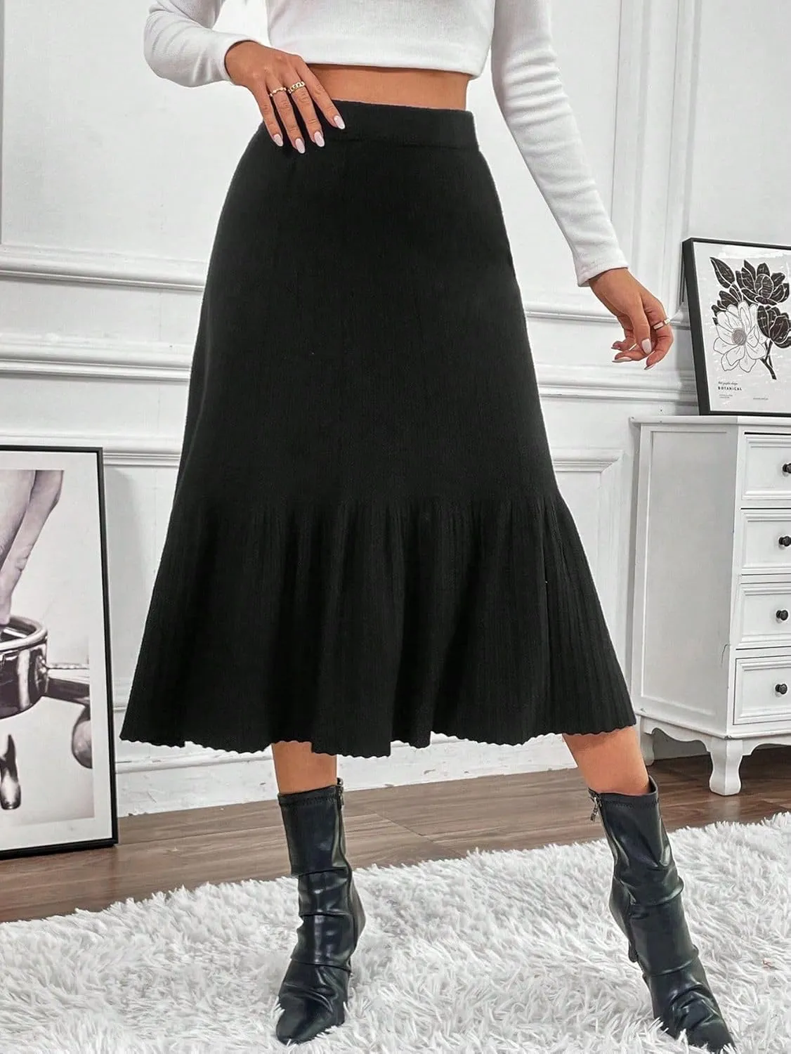 chouyatou Women's Elegant Ruffle Hem Pleated Knit Skirt High Elastic Waist A-Line Midi Long Skirt