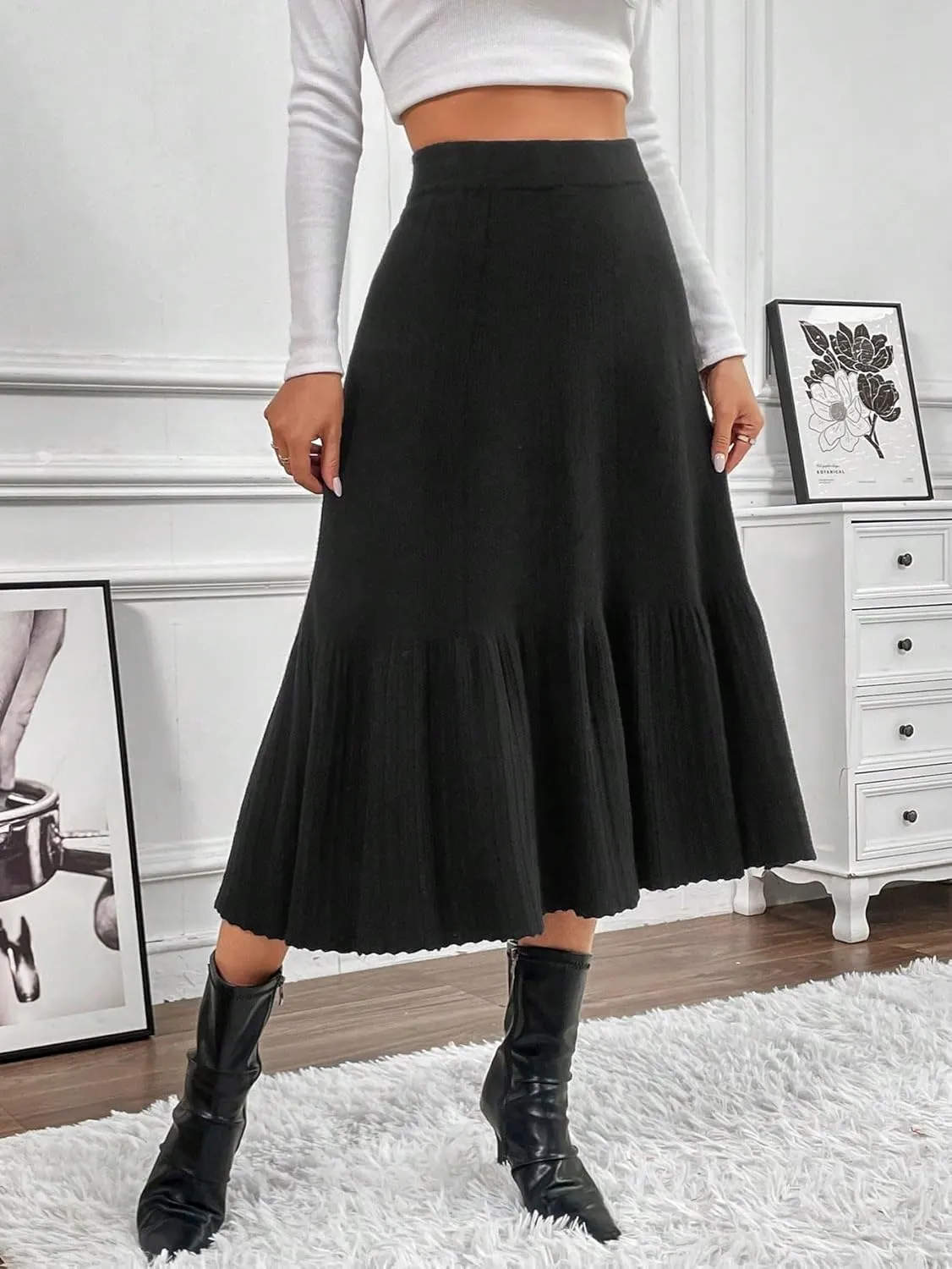 chouyatou Women's Elegant Ruffle Hem Pleated Knit Skirt High Elastic Waist A-Line Midi Long Skirt