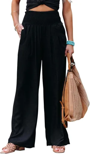 chouyatou Women's Smocked High Waisted Cotton Linen Wide Leg Pants Palazzo with Pockets