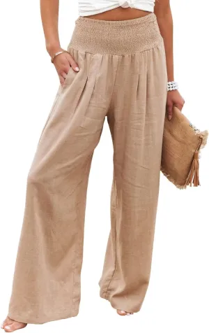 chouyatou Women's Smocked High Waisted Cotton Linen Wide Leg Pants Palazzo with Pockets