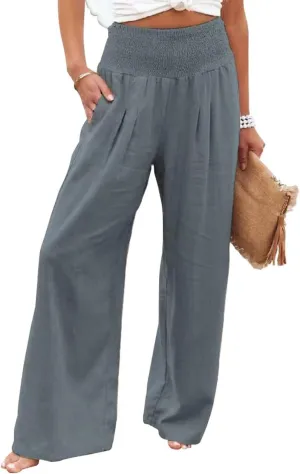 chouyatou Women's Smocked High Waisted Cotton Linen Wide Leg Pants Palazzo with Pockets