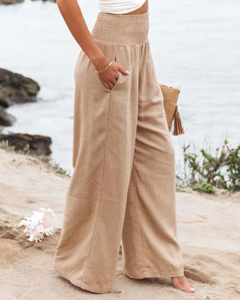 chouyatou Women's Smocked High Waisted Cotton Linen Wide Leg Pants Palazzo with Pockets