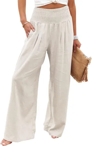 chouyatou Women's Smocked High Waisted Cotton Linen Wide Leg Pants Palazzo with Pockets
