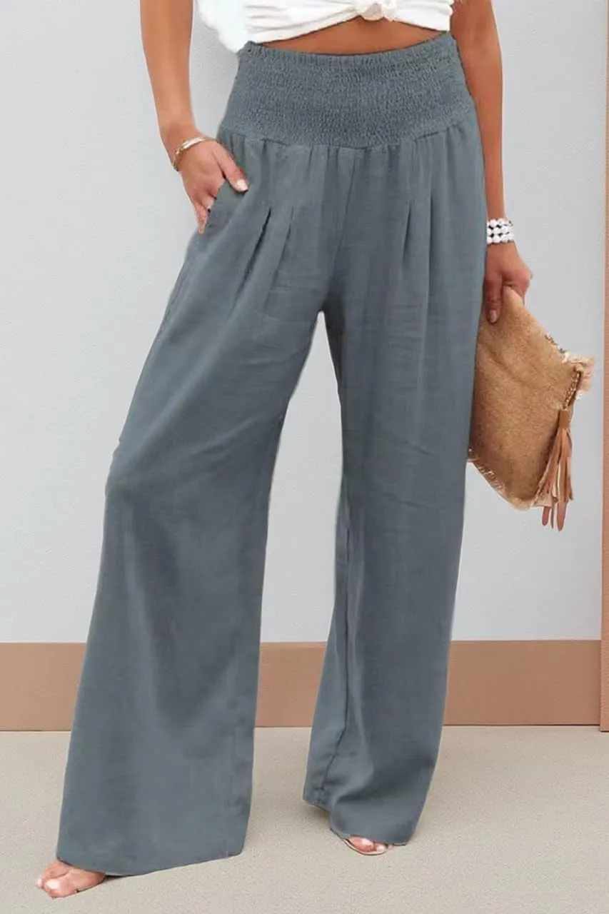 chouyatou Women's Smocked High Waisted Cotton Linen Wide Leg Pants Palazzo with Pockets