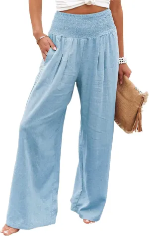 chouyatou Women's Smocked High Waisted Cotton Linen Wide Leg Pants Palazzo with Pockets