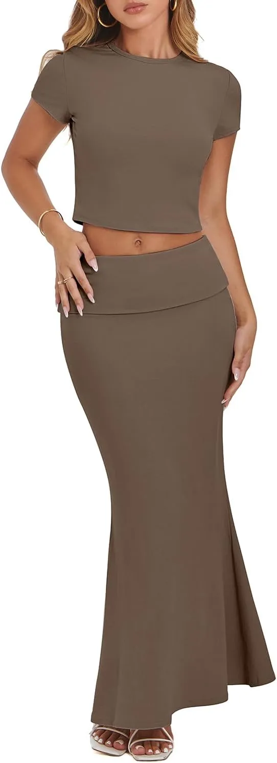 CHYRII Womens Two Piece Sets Short Sleeve Crewneck Cropped Top Bodycon Fold Over Maxi Skirt Maxi Dress Outfits