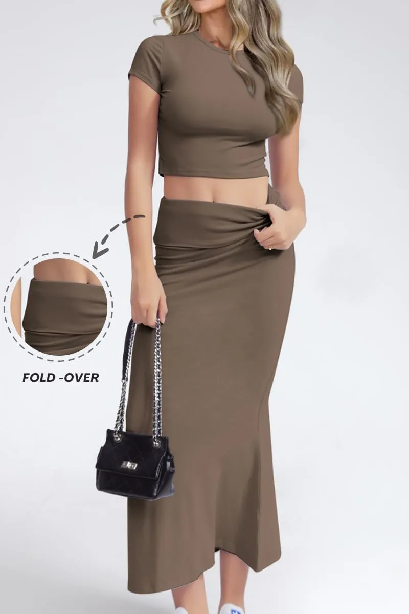 CHYRII Womens Two Piece Sets Short Sleeve Crewneck Cropped Top Bodycon Fold Over Maxi Skirt Maxi Dress Outfits