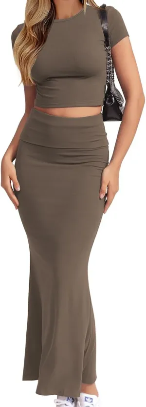 CHYRII Womens Two Piece Sets Short Sleeve Crewneck Cropped Top Bodycon Fold Over Maxi Skirt Maxi Dress Outfits