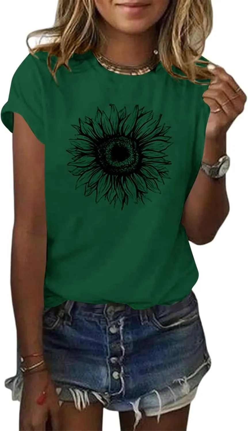 Cicy Bell Women's T Shirts Short Sleeve Tees Sunflower Graphic Loose Summer Tops