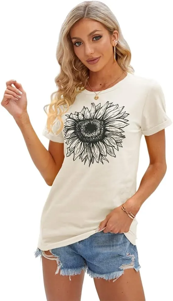 Cicy Bell Women's T Shirts Short Sleeve Tees Sunflower Graphic Loose Summer Tops