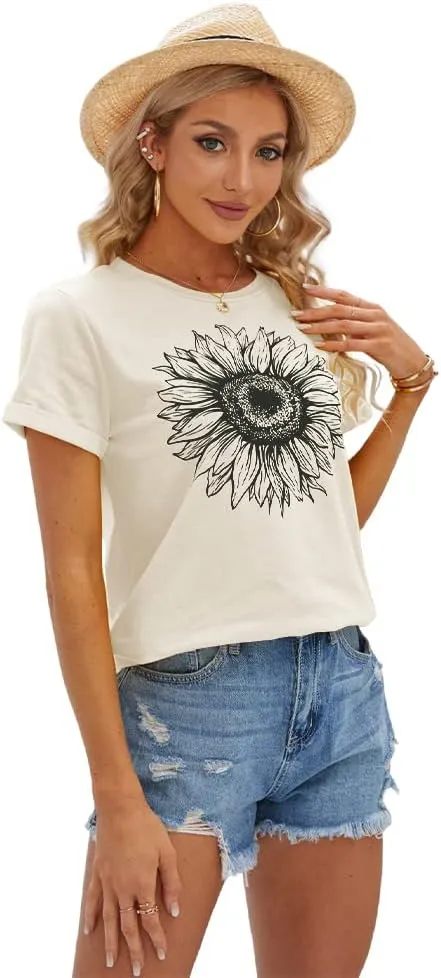 Cicy Bell Women's T Shirts Short Sleeve Tees Sunflower Graphic Loose Summer Tops