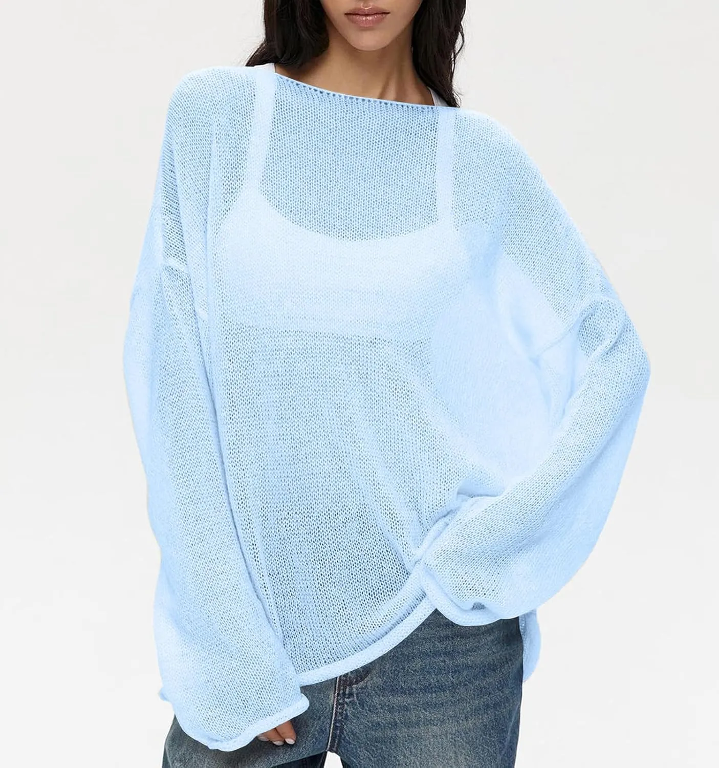 Cioatin Women Oversized Long Sleeve Sheer Mesh Knit Sweater Tops Y2K Summer Loose Hollow Out Pullover Jumper Shirt Beach