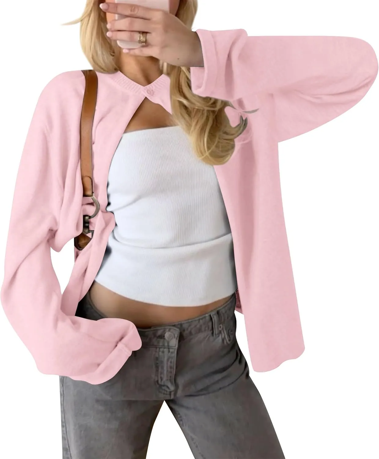 Cioatin Women Y2K One Button Up Open Front Knit Sweater Cardigan Crew Neck Long Sleeve Pullover Shirts Going Out Outfits