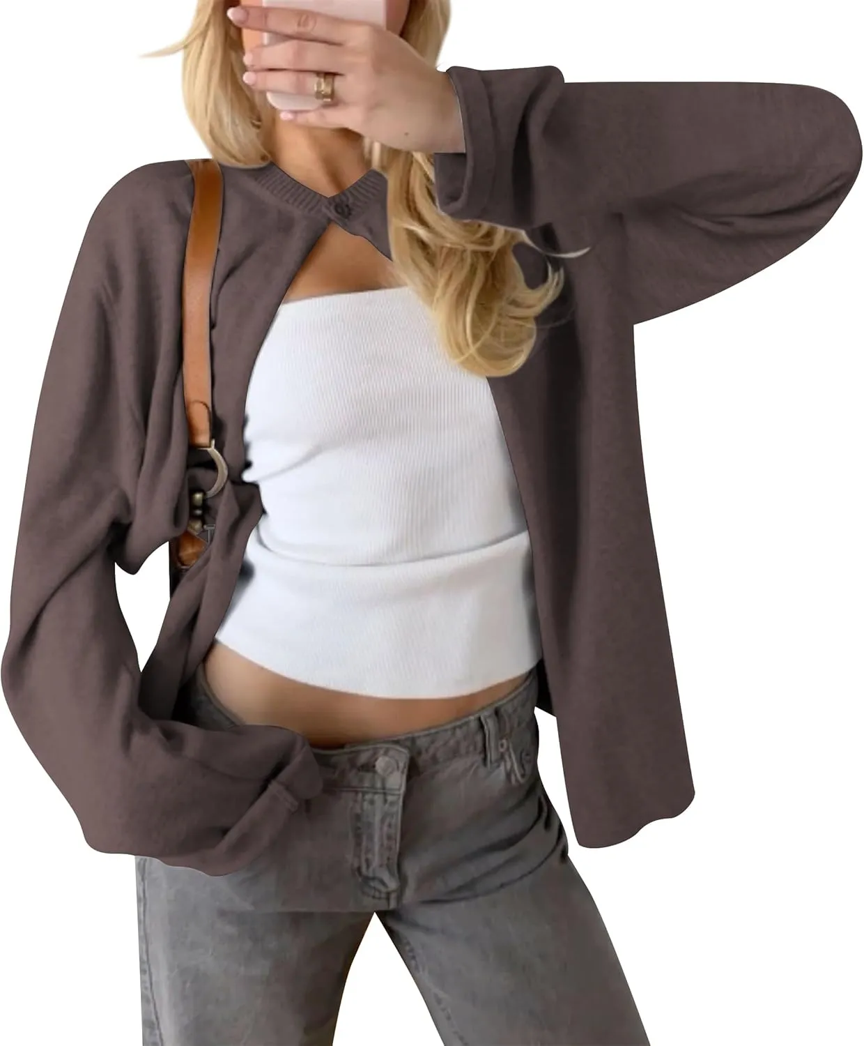 Cioatin Women Y2K One Button Up Open Front Knit Sweater Cardigan Crew Neck Long Sleeve Pullover Shirts Going Out Outfits