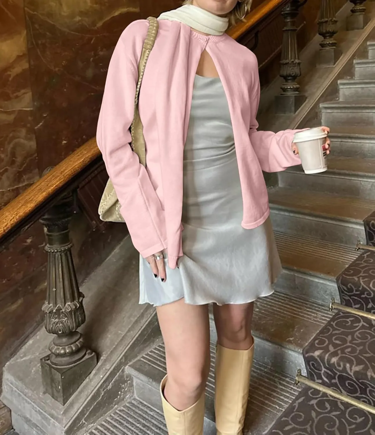 Cioatin Women Y2K One Button Up Open Front Knit Sweater Cardigan Crew Neck Long Sleeve Pullover Shirts Going Out Outfits