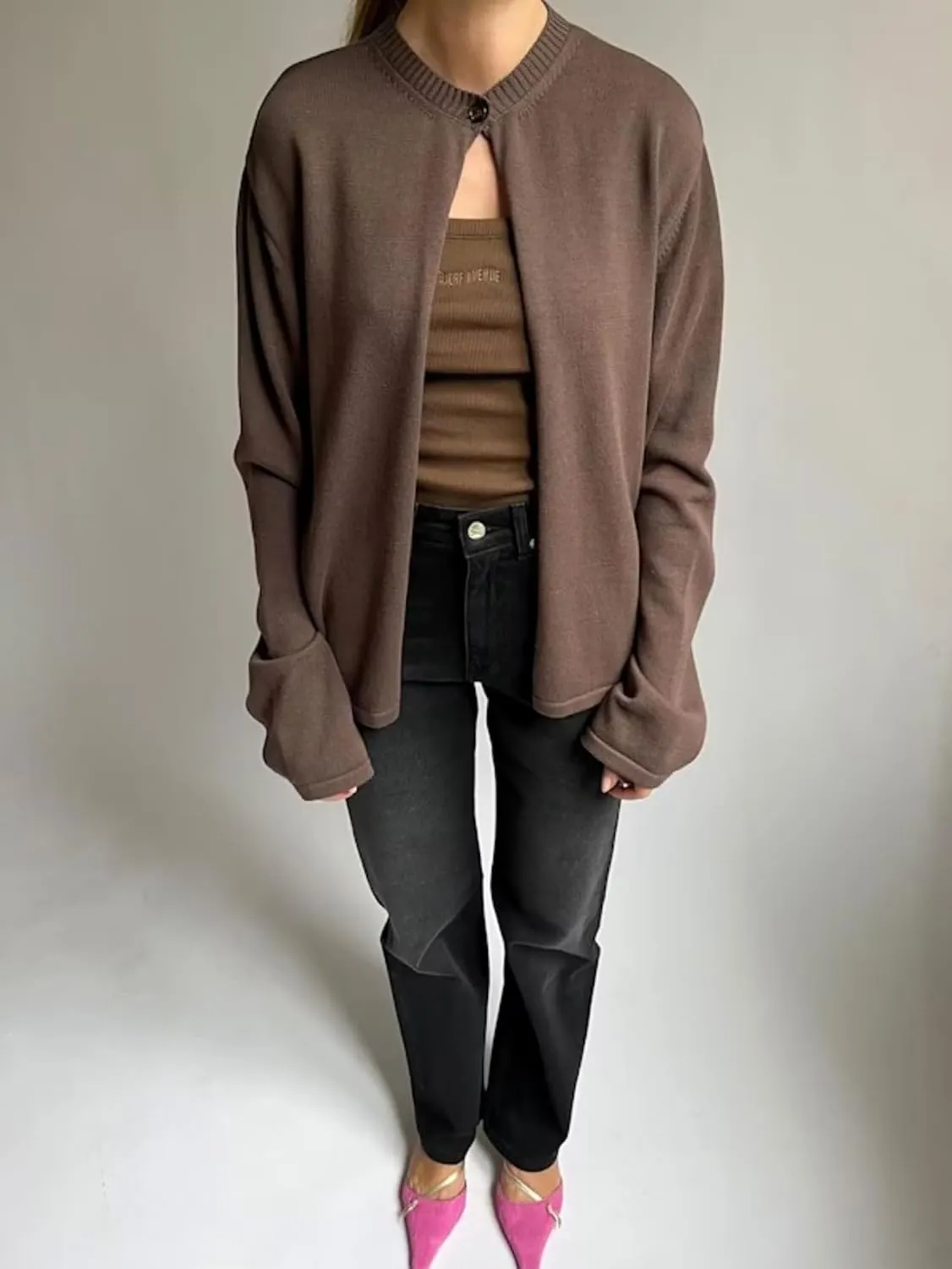 Cioatin Women Y2K One Button Up Open Front Knit Sweater Cardigan Crew Neck Long Sleeve Pullover Shirts Going Out Outfits
