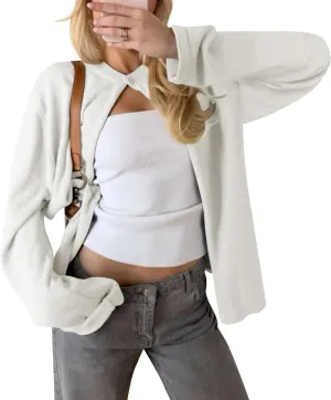 Cioatin Women Y2K One Button Up Open Front Knit Sweater Cardigan Crew Neck Long Sleeve Pullover Shirts Going Out Outfits