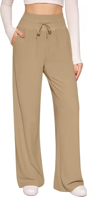 CLOZOZ Wide Leg Casual Pants for Women Trouser Pants Elastic Palazzo Pants with Adjustable Drawstring