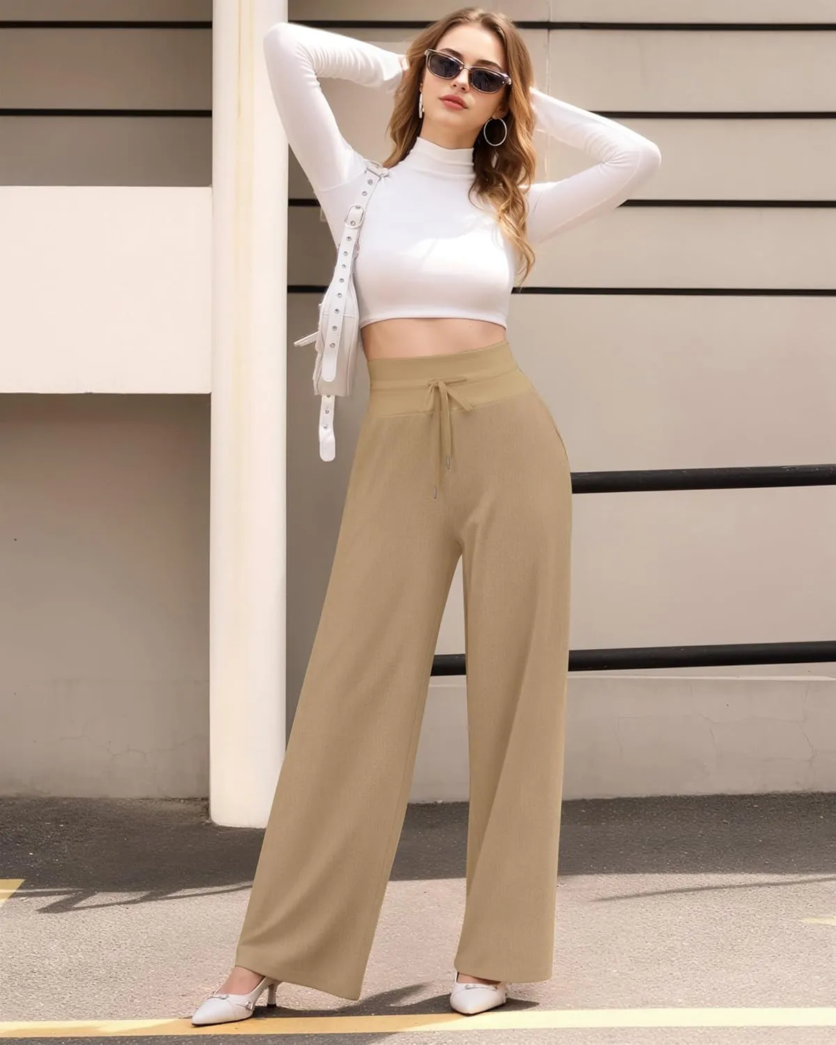 CLOZOZ Wide Leg Casual Pants for Women Trouser Pants Elastic Palazzo Pants with Adjustable Drawstring
