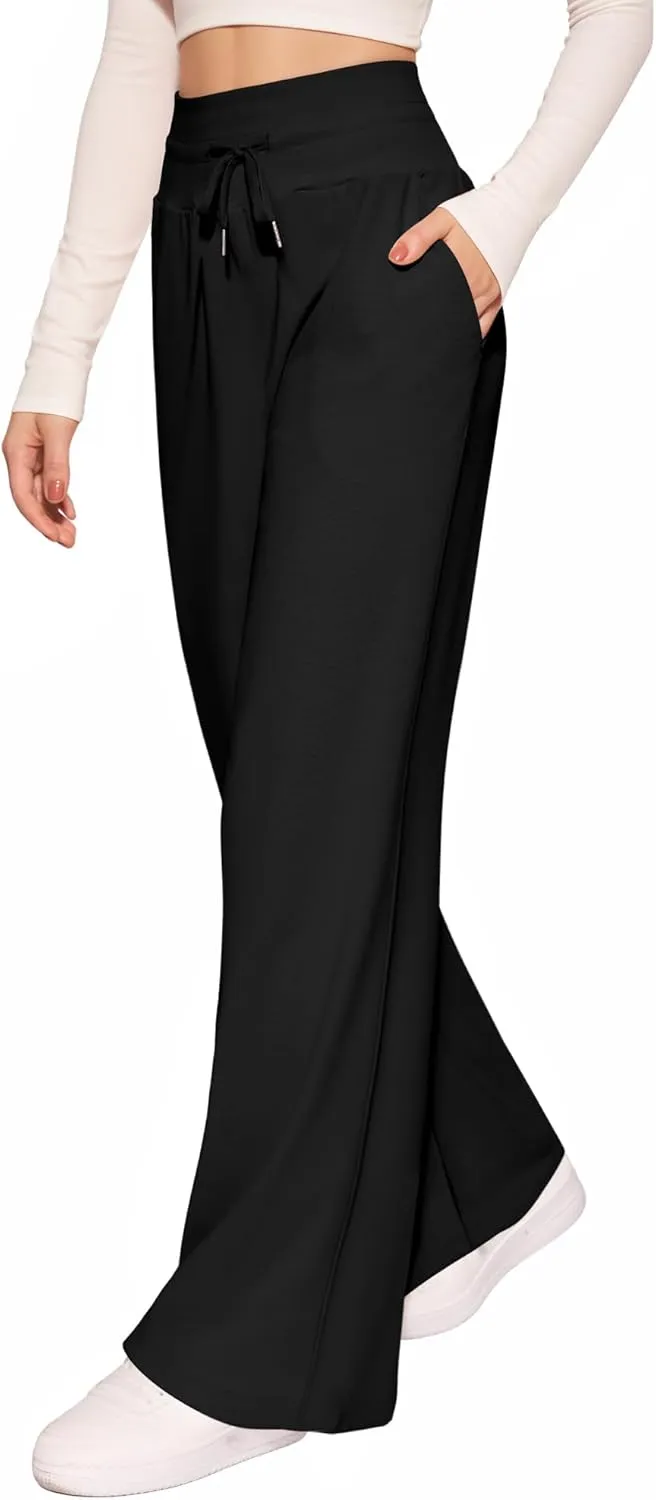 CLOZOZ Wide Leg Casual Pants for Women Trouser Pants Elastic Palazzo Pants with Adjustable Drawstring
